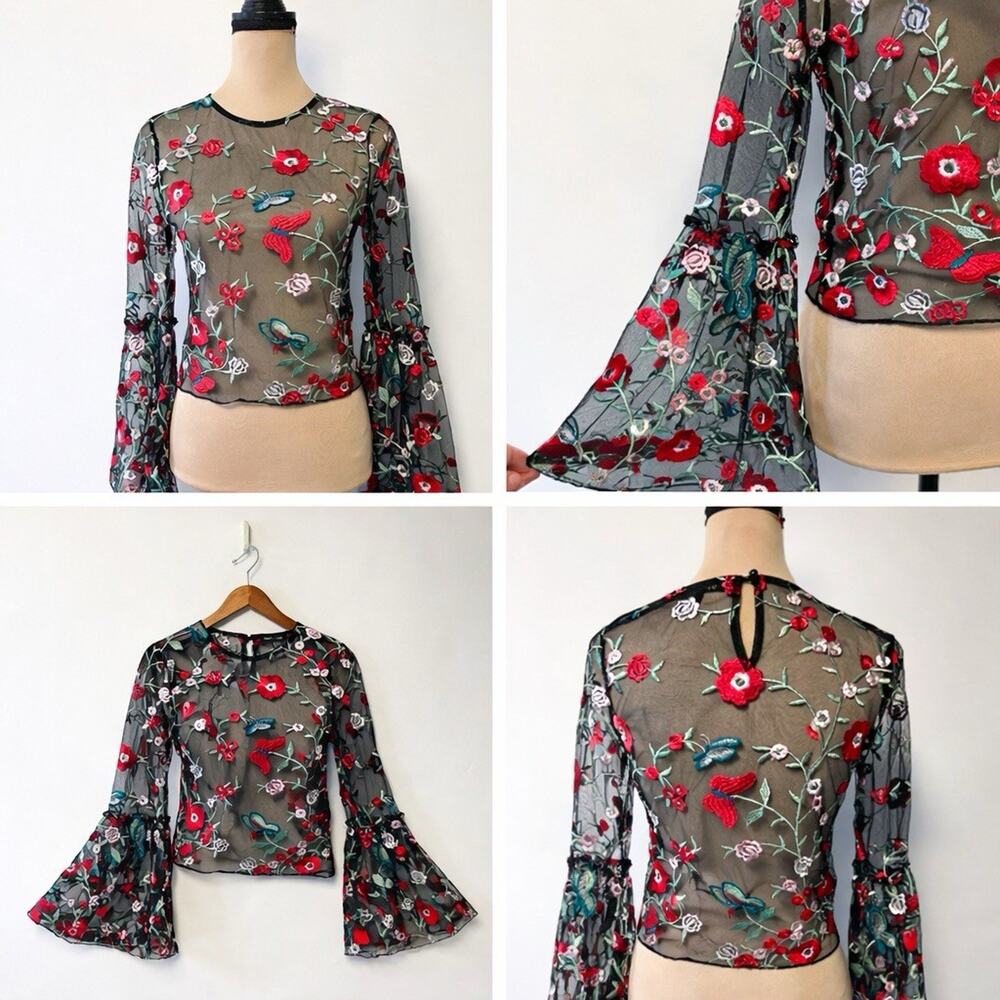 Boho embroidered Black Mesh Top Small‎ Floral Y2K Hippie Festival Bell Sleeves